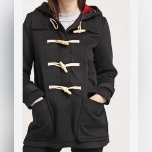 GAP Toggle Zip Up Pea Coat with Hood, Black with Red Plaid Interior, Size S